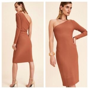 LPA Revolve Ribbed Knit One Shoulder Burnt Orange Bodycon Cotchtail Dress Large
